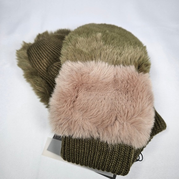 SHACI Women's Faux Fur Trim Knit Mittens Warm Winter Gloves Olive Beige NWT - Picture 4 of 4